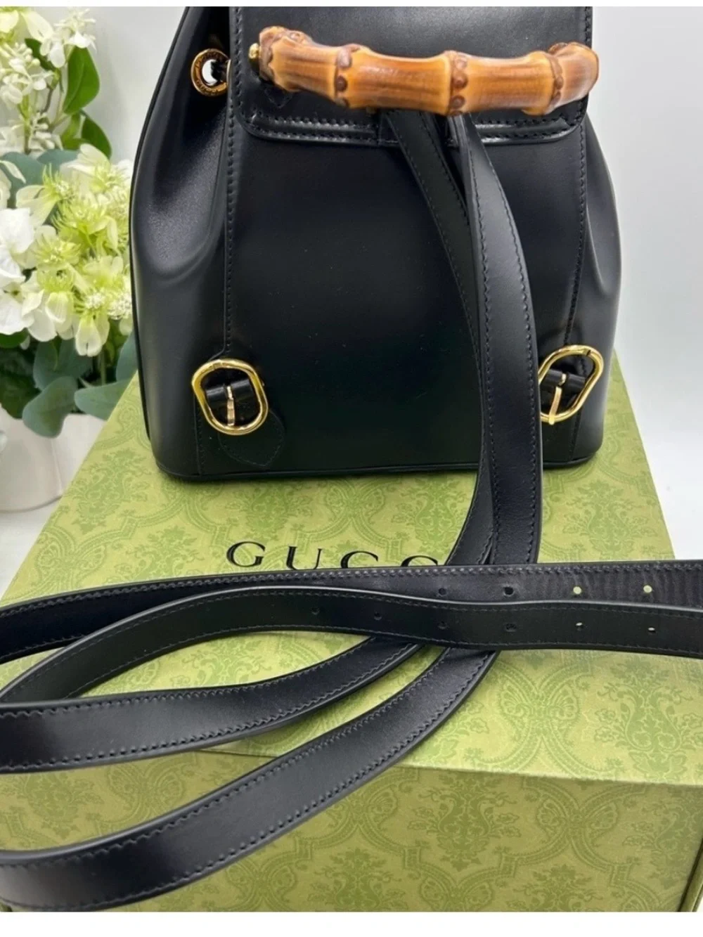 Gucci Black Leather Bamboo-Accent Drawstring Backpack